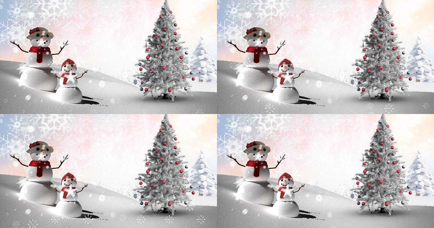 降雪覆盖圣诞树和雪人的动画