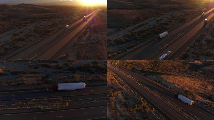 道路鸟瞰图夕阳公路货车运输航拍火车卡车运