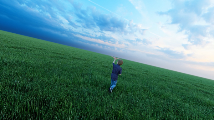 男孩拿纸飞机在草原奔跑 六一儿童节