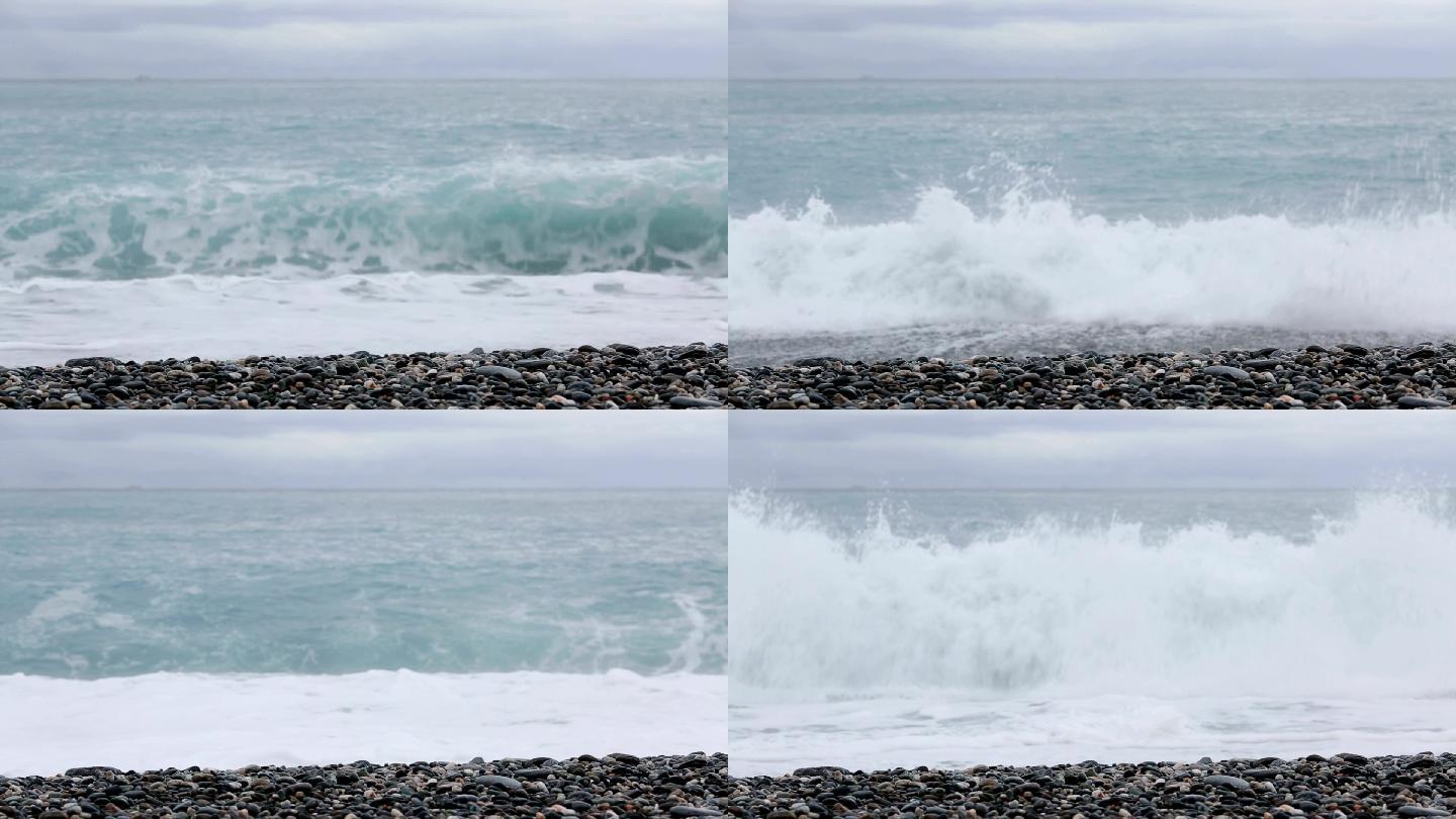 卵石海滩上的巨浪大海海浪翻滚海边海岸波涛