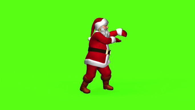 穿着红色套装的快乐圣诞老人正在跳舞。