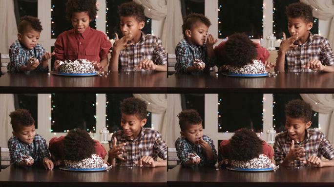 孩子们吃生日蛋糕非洲裔黑人男孩童年童真