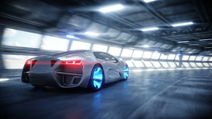 科幻隧道里的未来派汽车