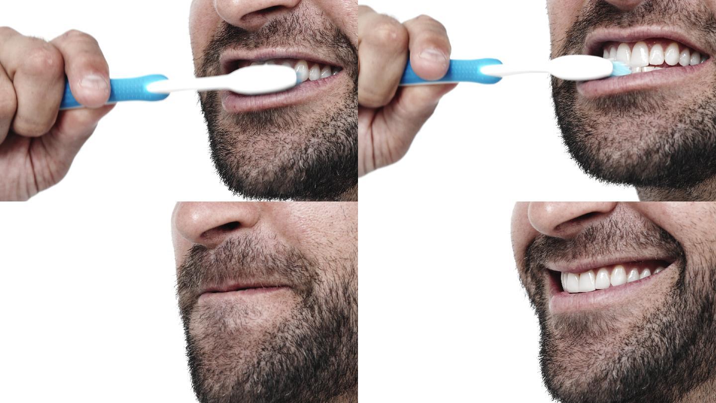 留着胡茬的男人在刷牙