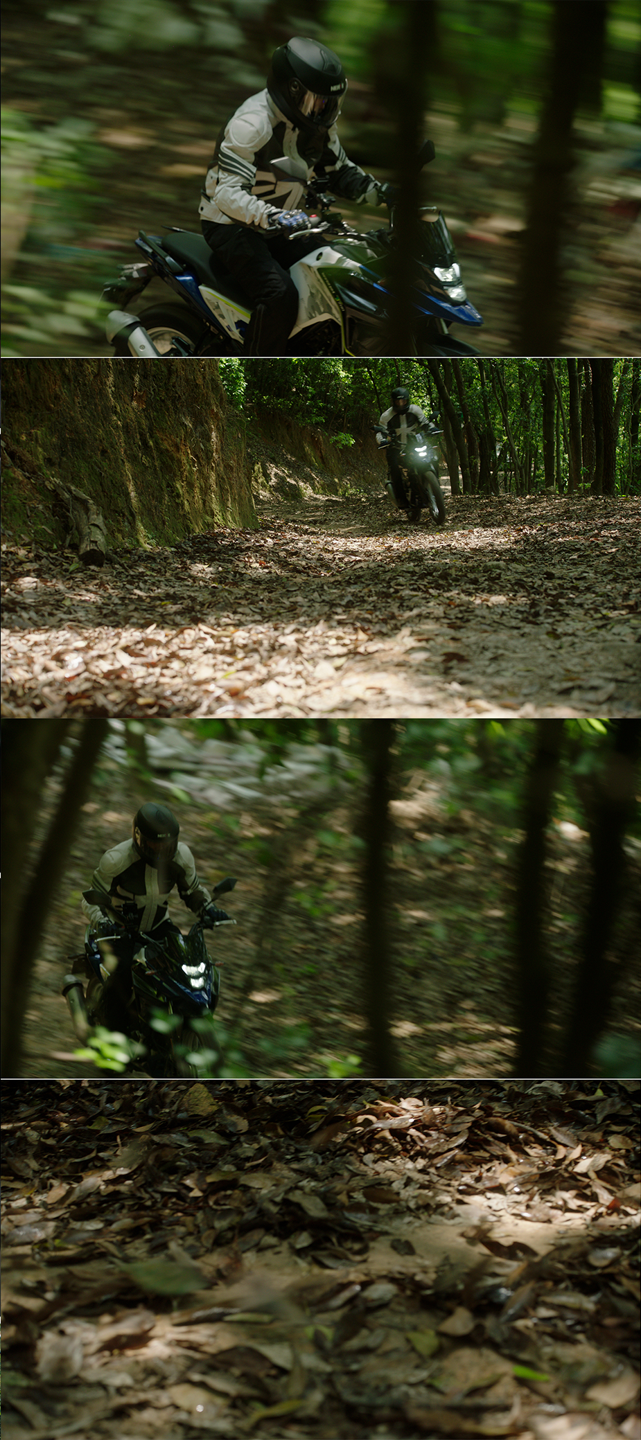 越野摩托车过树林，越水坑