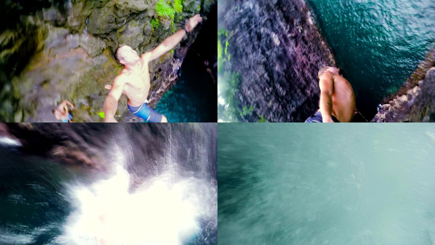 从悬崖上跳到水中实拍场景视频刺激跳水