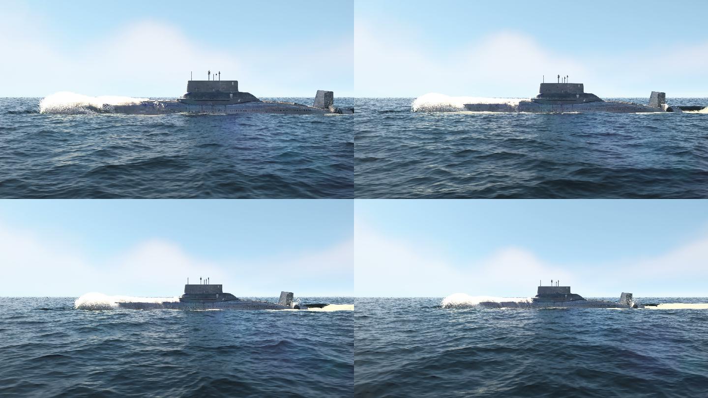 一艘军用潜艇在蔚蓝无垠的海洋上缓缓航行。