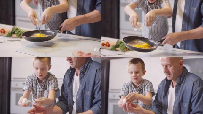 男孩把鸡蛋打进他父亲拿着的锅里