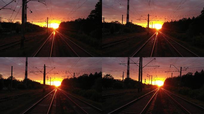 铁路上空日落的鸟瞰图。