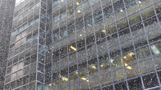 雪落在一条街道上，背景是一栋办公楼。
