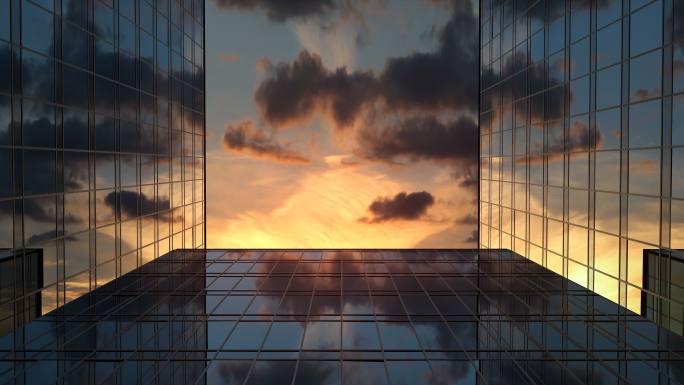 摩天大楼和时光流逝的夕阳云