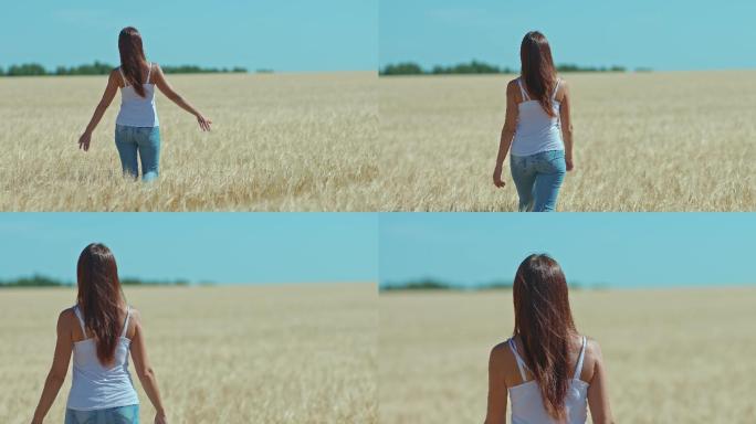 穿着牛仔裤的年轻女孩走在金色的田野上
