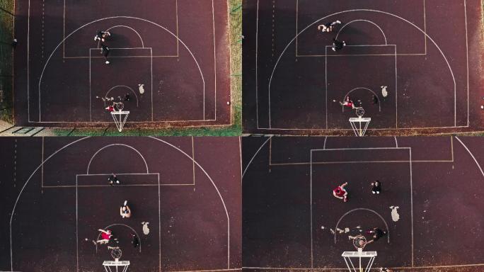 职业篮球运动员在篮球场的航空镜头