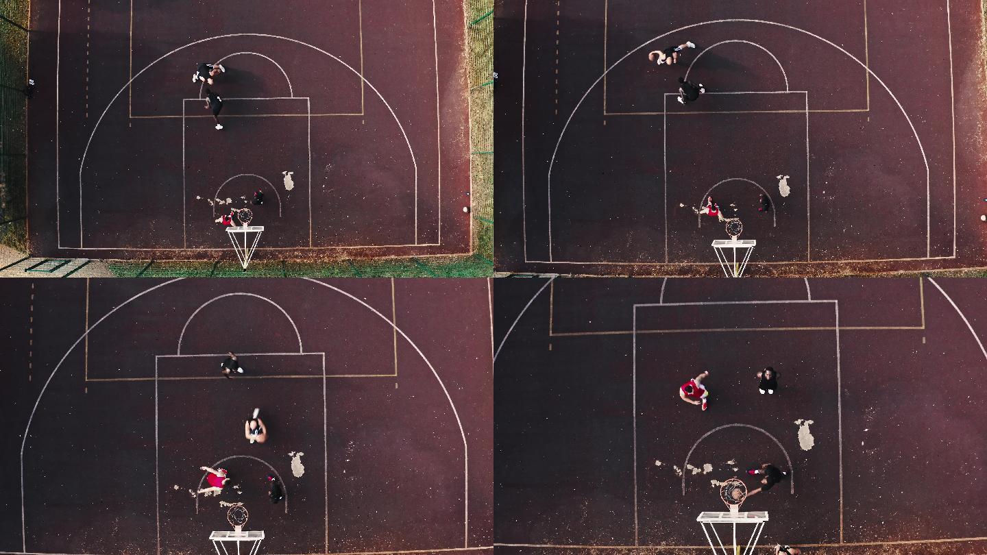 职业篮球运动员在篮球场的航空镜头