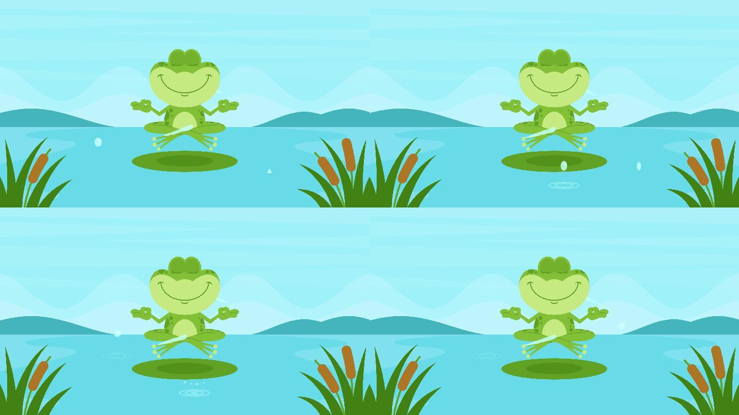 冥想中的绿蛙卡通视频素材