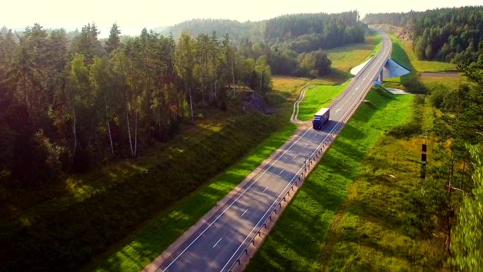 在森林公路上行驶的卡车