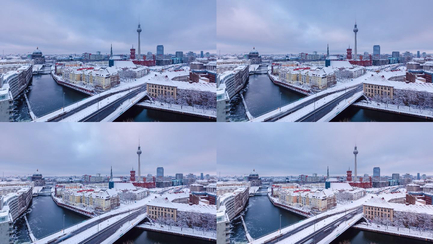 德国柏林电视塔拍摄的柏林多云雪天时间流逝