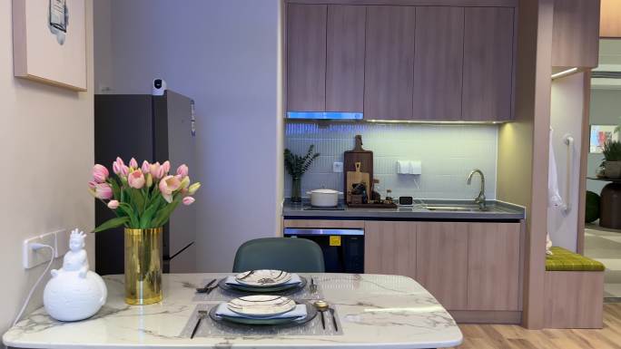 实拍老年康养中心高级公寓现代化厨房