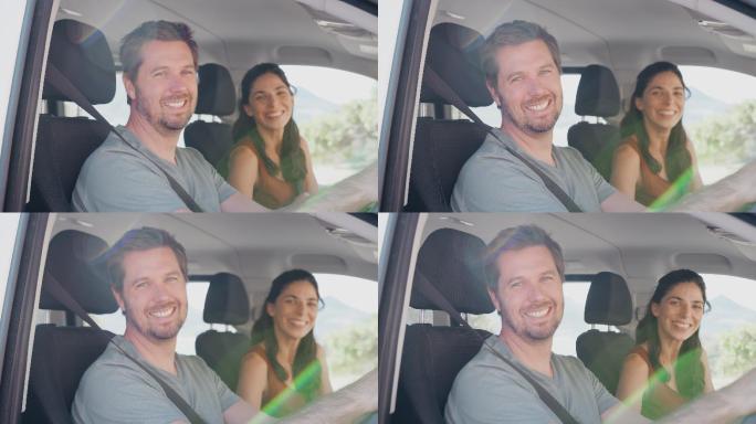 中年夫妇在暑假坐在出租汽车里开车的视频