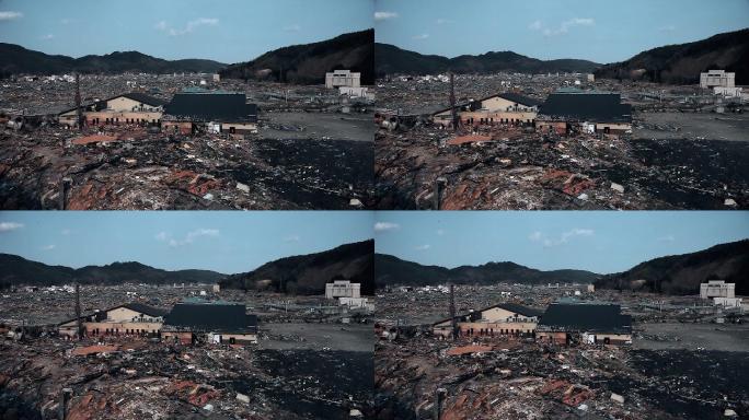 海啸过后城市被毁，街道上只剩下废墟