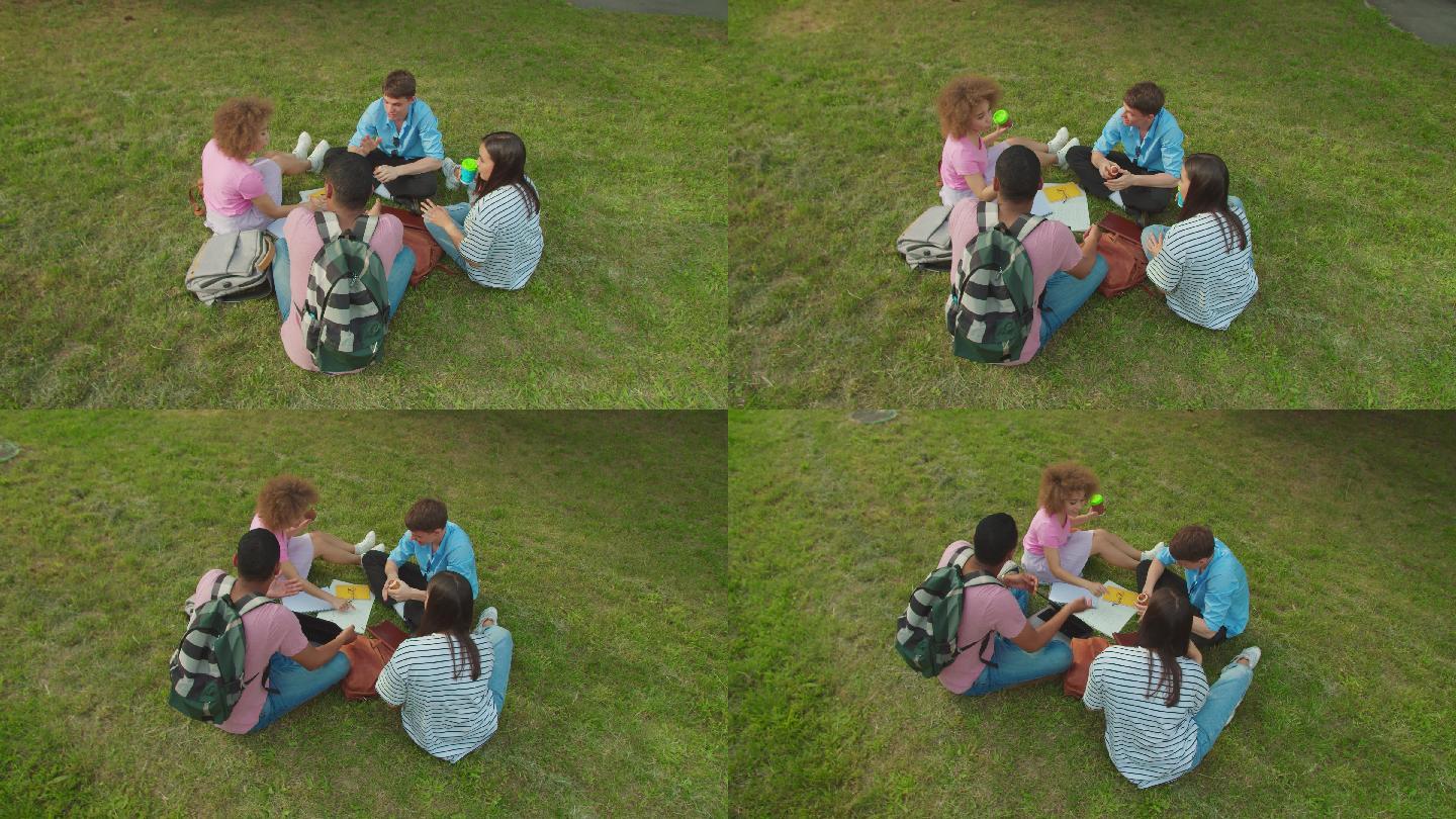 学生坐在户外的草地上集思广益