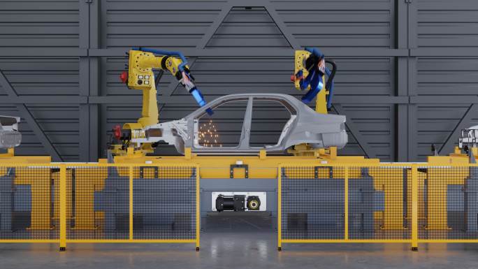 带点焊机器人的汽车厂滑动输送机上的车架