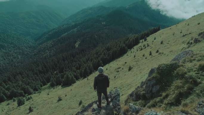 这个人看着美丽的山景