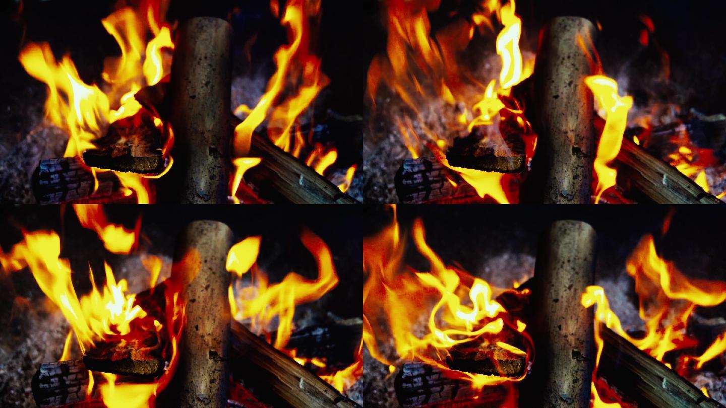 实拍户外露营火柴火取暖火焰燃烧灰烬火光2