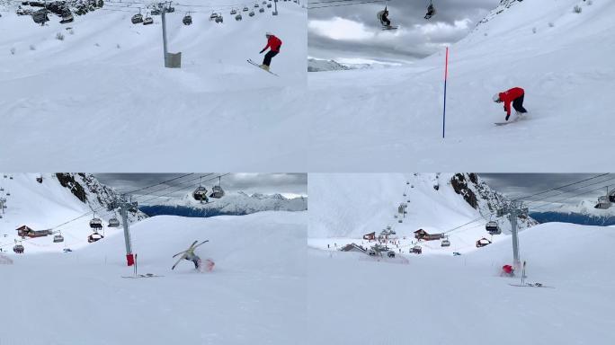 滑雪者在雪坡的跳板上滑雪