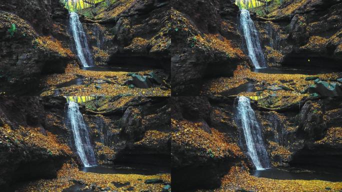 秋季瀑布落叶溪流山泉