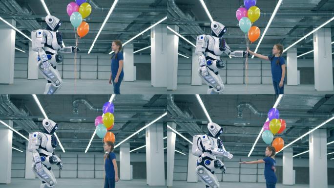 现代机器人将气球送给小女孩