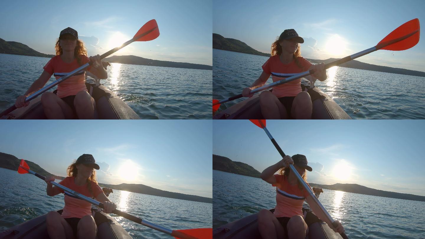 快乐的年轻女子湖泊湖面橡皮艇皮划艇