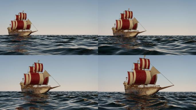 海上一艘旧木船的3D动画
