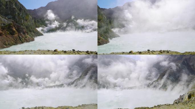 火山口冒着蒸汽的地热湖