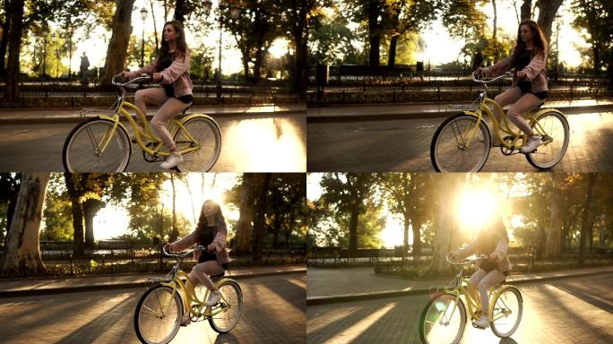 骑自行车的漂亮长发女孩