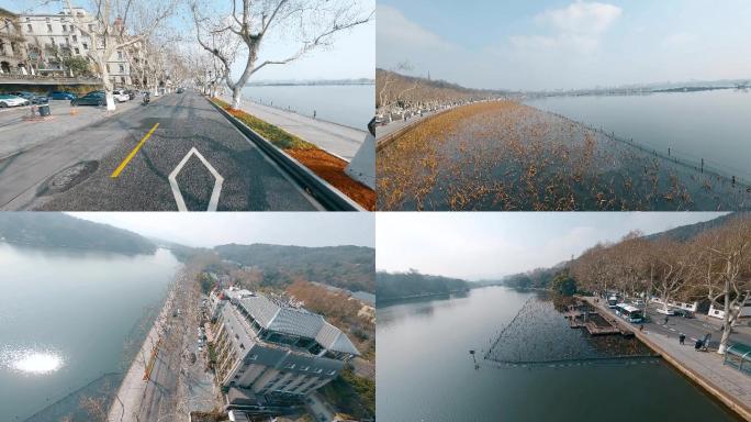 穿越机航拍杭州冬天西湖北山路