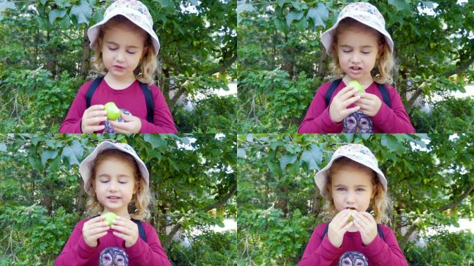 快乐的小女孩在夏季公园吃酸苹果