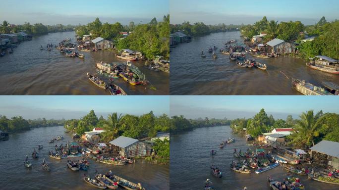 航拍河中的越南传统市场