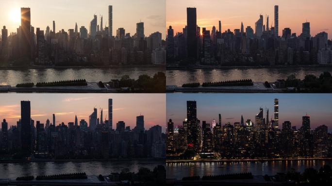 纽约市曼哈顿中城天际线日夜日落时间点