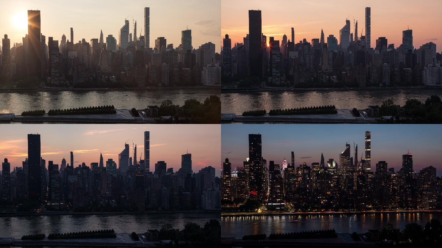 纽约市曼哈顿中城天际线日夜日落时间点