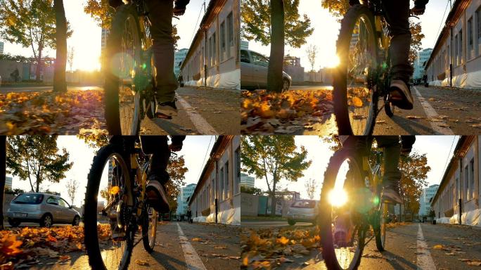 日落时骑自行车的特写镜头