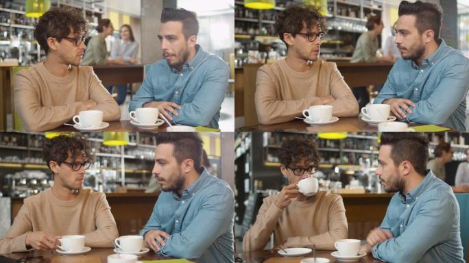 两个年轻人在舒适的咖啡馆聊天