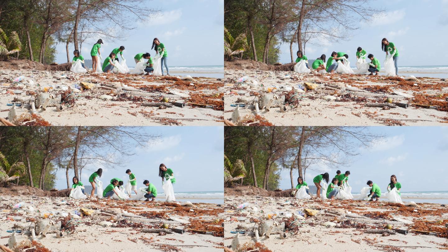 志愿者成员在清洁夏季海滩的垃圾