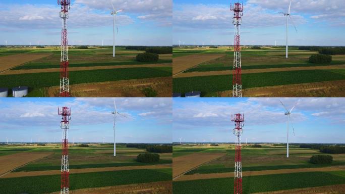 5G塔和风车绿色节能环保清洁能源田园麦田