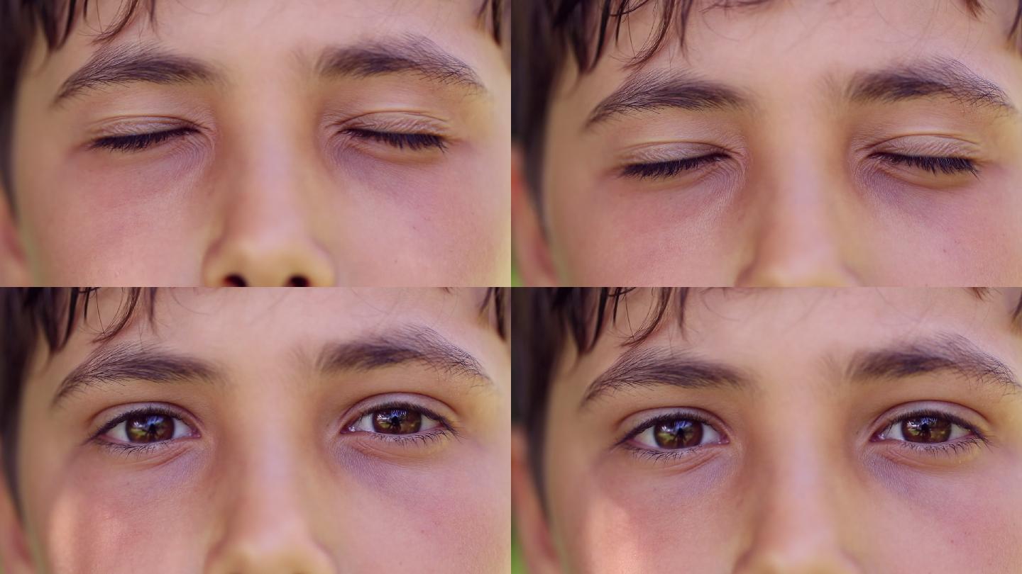 冥想的孩子闭上和睁开眼睛