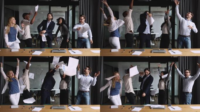 快乐的同事在办公室跳舞