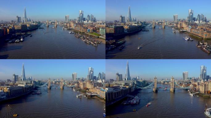 英国伦敦塔桥美景伦敦市中心云景蓝色