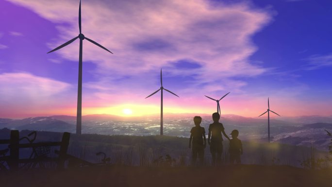 孩子们在日落时观看风力发电厂