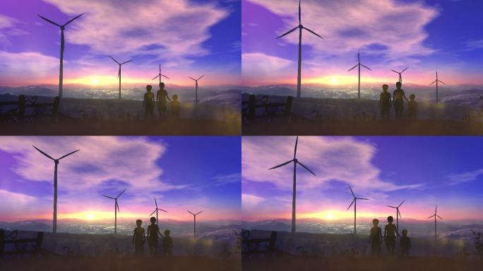 孩子们在日落时观看风力发电厂