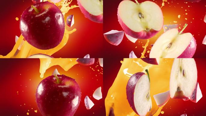 红色苹果片落水果慢动作入水创意特写主图视